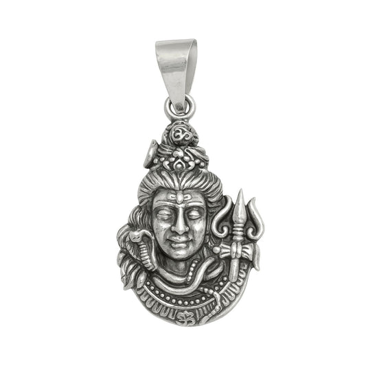 Silver pendant with a deity design on a white background