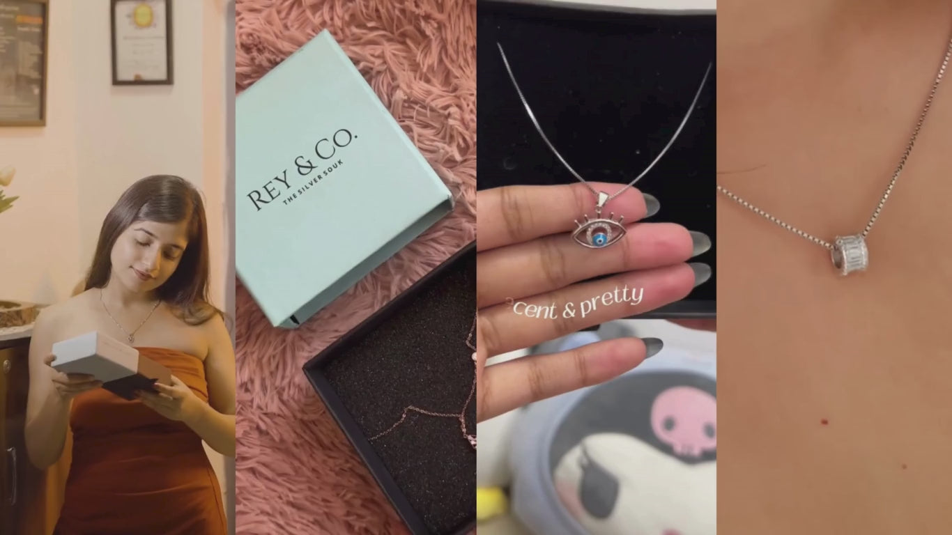 Load video: Minimal, modern, and beautifully worn – Rey &amp; Co. jewellery in real life reflects effortless elegance and everyday sophistication. Each piece is designed to complement your natural style, adding a subtle yet luxurious shine that enhances every moment, outfit, and personality with timeless charm.